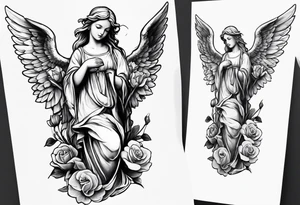 Simple Angel statue stood on a rock with daffodils and roses wrapped around its legs tattoo idea