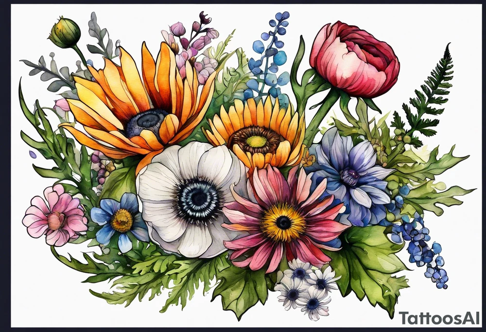 wildflowers with thistles, ferns, ranuculus, white anemones with black center, sun flowers, mixed color flowers and different shapes all in watercolor tattoo idea