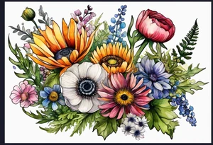 wildflowers with thistles, ferns, ranuculus, white anemones with black center, sun flowers, mixed color flowers and different shapes all in watercolor tattoo idea