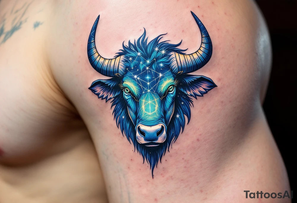 Taurus, the emerald-eyed bull, anchors its star constellation in a sea of midnight blue. tattoo idea
