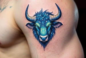 Taurus, the emerald-eyed bull, anchors its star constellation in a sea of midnight blue. tattoo idea