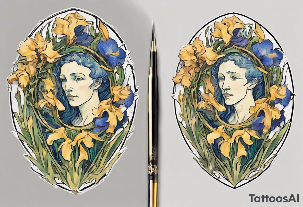 Create a colorful Vincent van Gogh Irises tattoo with Athena's shield and spear. The tattoo should take the form of a crescent, with vines gracefully intertwining at a central point in the middle of the wreath.  The intended placement is on the upper chest. The overall design should be small in size while maintaining a delicate and artistic aesthetic. Pay attention to the graceful flow of the vines and the placement of the irises to achieve a refined and elegant look. tattoo idea
