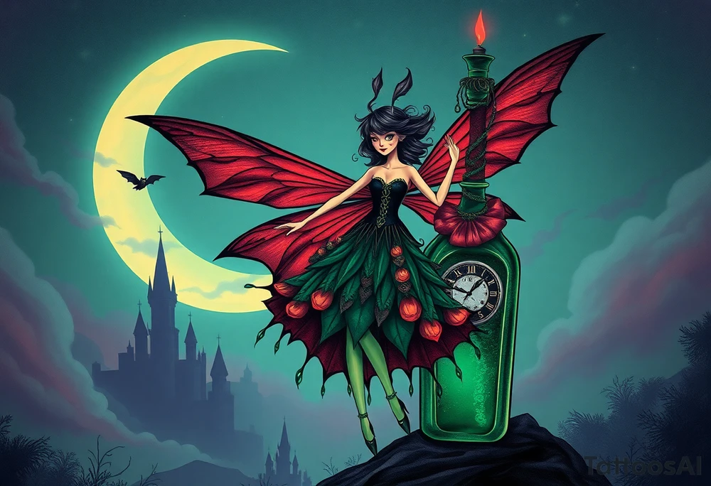 Tim Burton’s style Vintage Parisian elegant and beautiful yet eerie full body absinthe Green Fairy dances outside her victorian crystal absinthe bottle Absinthe Art Nouveau   and dripping with muted reds, dusty pinks, and eerie green glow.purple and cyan smokey clouds swirl in the crescent moonlit sky thats sprinkled with stars under the castle an adorable kawaii bat spreads its wings tattoo idea tattoo idea