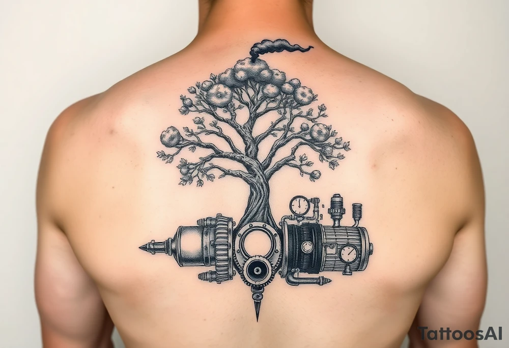 tree growing out of a v shaped engine with lots of pipes, guages and steam around the engine 
 with a smoke stack coming out of the top 
 billowing black smoke as if the tree and engine were a flying machine flying through the air 
 with a steam punk vibe tattoo idea