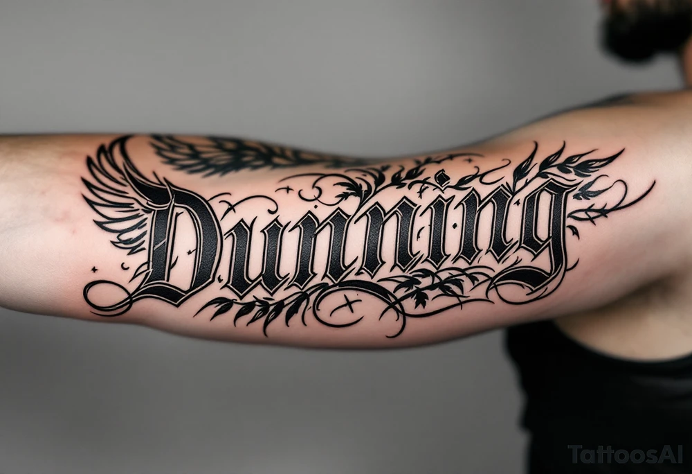 Dunning,on left arm details include angel wing, greek type of font,jungle leaves , tiger claw scratch tattoo idea