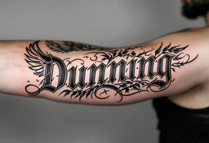 Dunning,on left arm details include angel wing, greek type of font,jungle leaves , tiger claw scratch tattoo idea