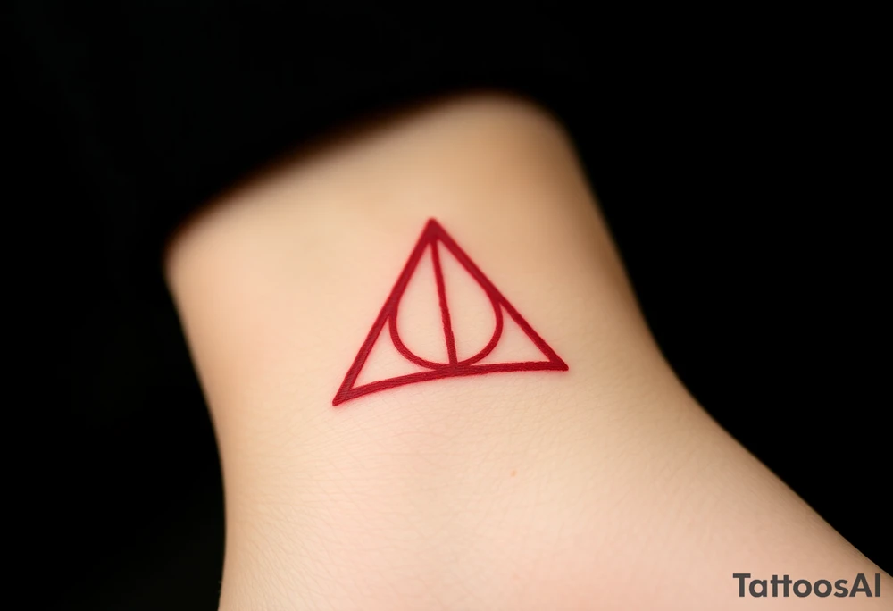 A minimalist Deathly Hallows  full symbol outline in red ink tattoo idea