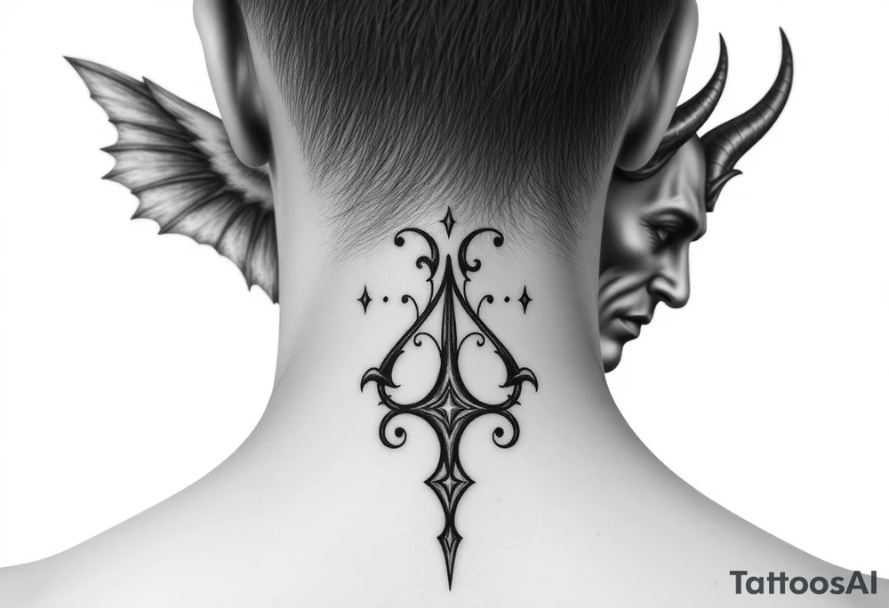 position behind the neck Angel (on the right) whispering in the right ear, demon (on the left) whispering in the left ear. It must be as realistic as possible. tattoo idea