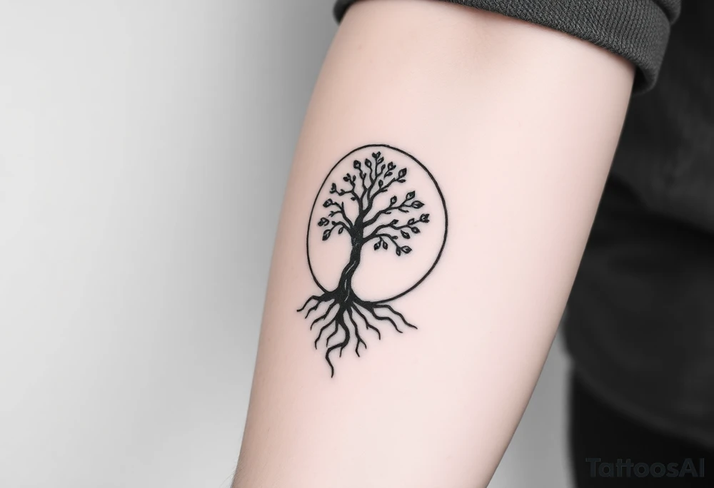 A tree inside of the sun, with little leaves, with an outward spiral line (moving to the right), as its roots. tattoo idea