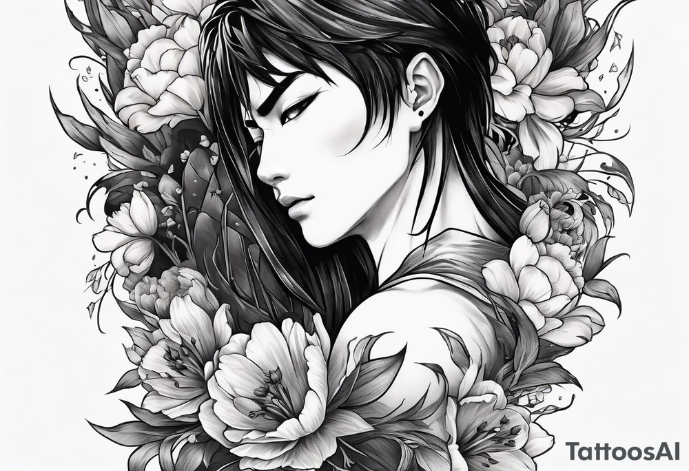 close up of ther face a berserk theme tattoo of guts with his sword on a land of flowers - tulips and peonys on a arm tattoo idea