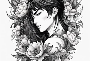 close up of ther face a berserk theme tattoo of guts with his sword on a land of flowers - tulips and peonys on a arm tattoo idea