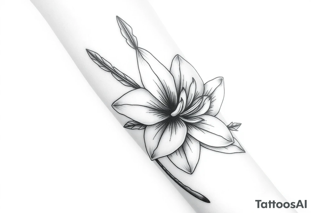 Large Gladiolus flower intwined with a Narcissus flower on the forearm skin tattoo idea