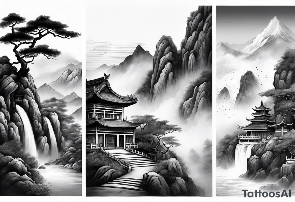 forearm sleeve traditional chinese art painting style mountains mist fog waterfall Chinese temple two figures wearing robes tattoo idea