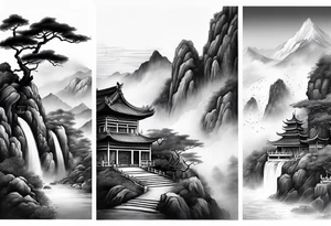 forearm sleeve traditional chinese art painting style mountains mist fog waterfall Chinese temple two figures wearing robes tattoo idea