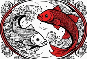 yin and yang coi fish red and black with waves and lotus flowers tattoo idea