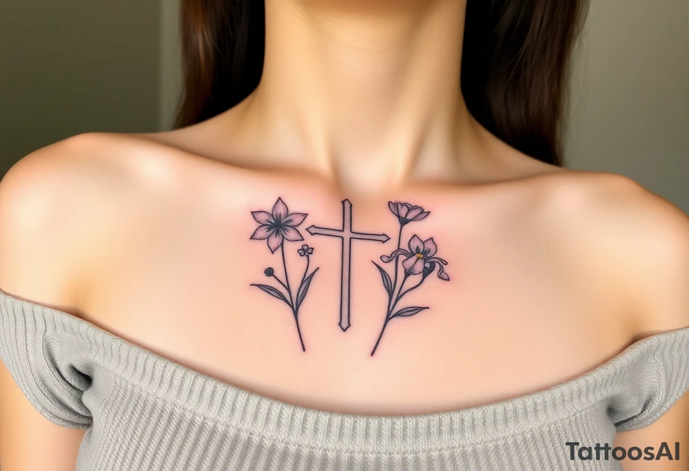 tattoo with one side representing death and the other life. (from death to life) with a simple cross down the middle. The life side I's like the following flowers: Morning Glory, Lily of the Valley, Daffodil, Rose, Poppy, and Iris tattoo idea