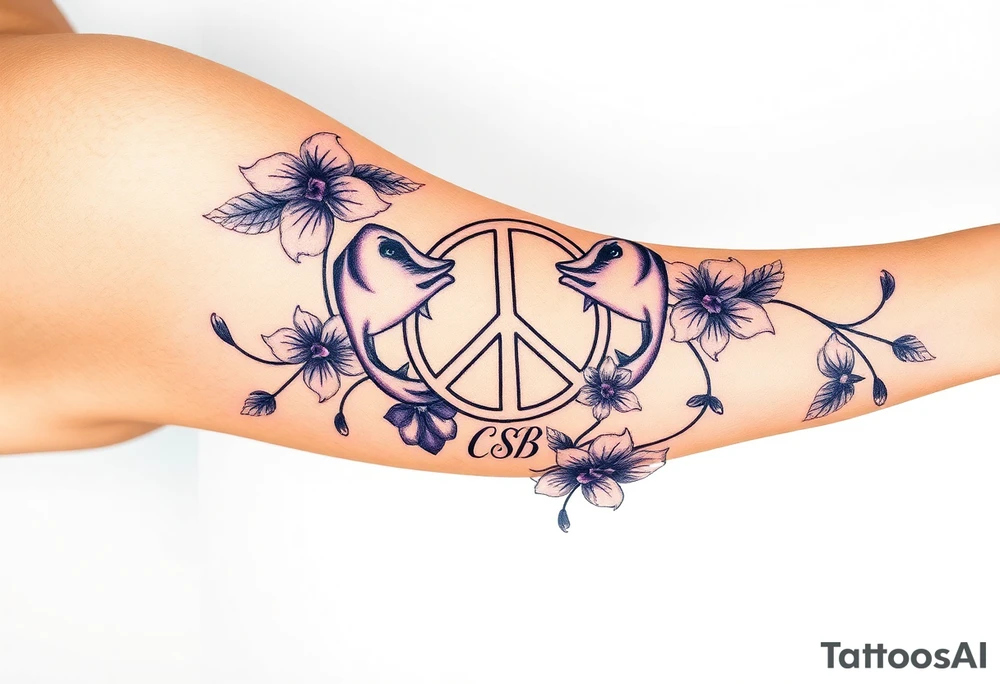 peace symbol, dog prints, Pisces symbol, intertwined with violets, amethyst, initials csb in cursive font tattoo idea