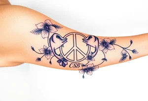 peace symbol, dog prints, Pisces symbol, intertwined with violets, amethyst, initials csb in cursive font tattoo idea