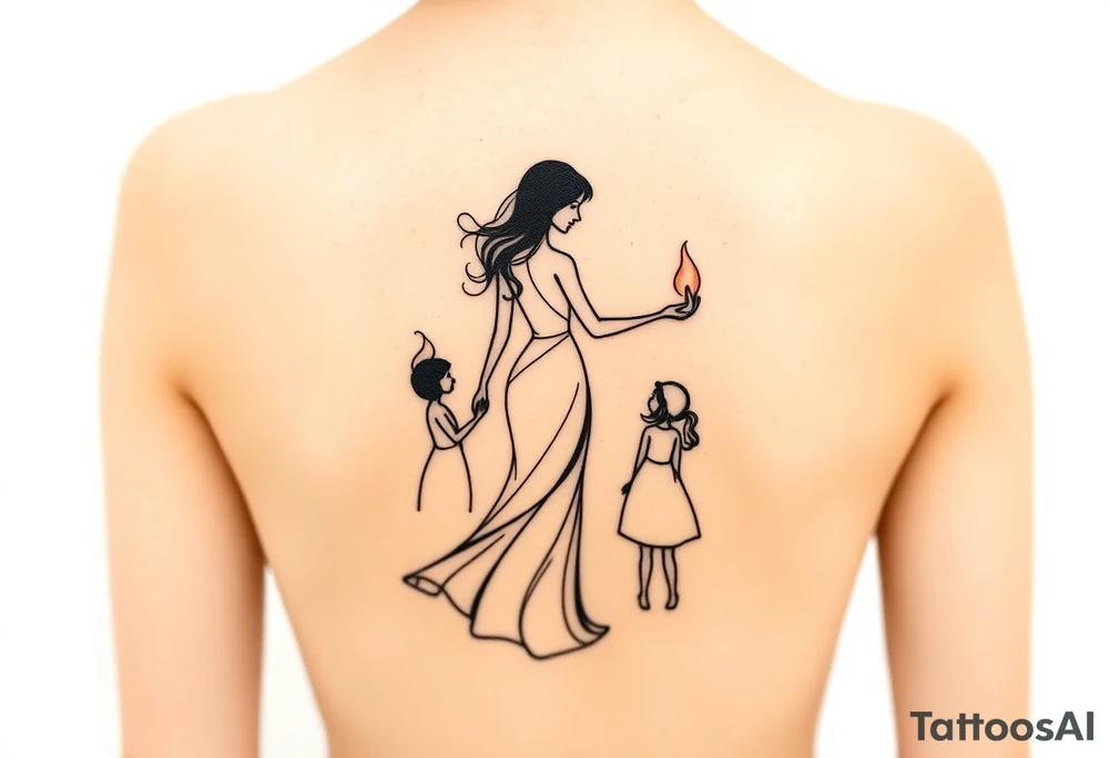 Silhouette of a mother passing 2 flames to two daughters tattoo idea