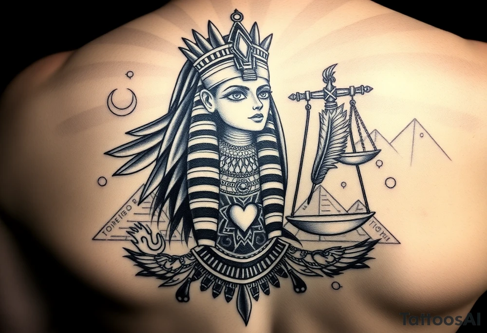 “Super realistic black and grey tattoo of the Egyptian goddess Ma’at, depicted as a regal woman with an ostrich feather headdress, intense glowing eyes, and intricate ancient Egyptian jewelry. She stands or floats amidst swirling cosmic energy and beams of light, with subtle hieroglyphics and pyramids in the background. Incorporate the Scales of Justice—one side holding a heart, the other Ma’at’s feather—glowing with ethereal energy. Emphasize dramatic lighting, deep shadows, and surreal, mystical atmosphere to match a sleeve with Anubis and cosmic motifs. Design should flow with existing sleeve art, using soft transitions and layered textures. tattoo idea