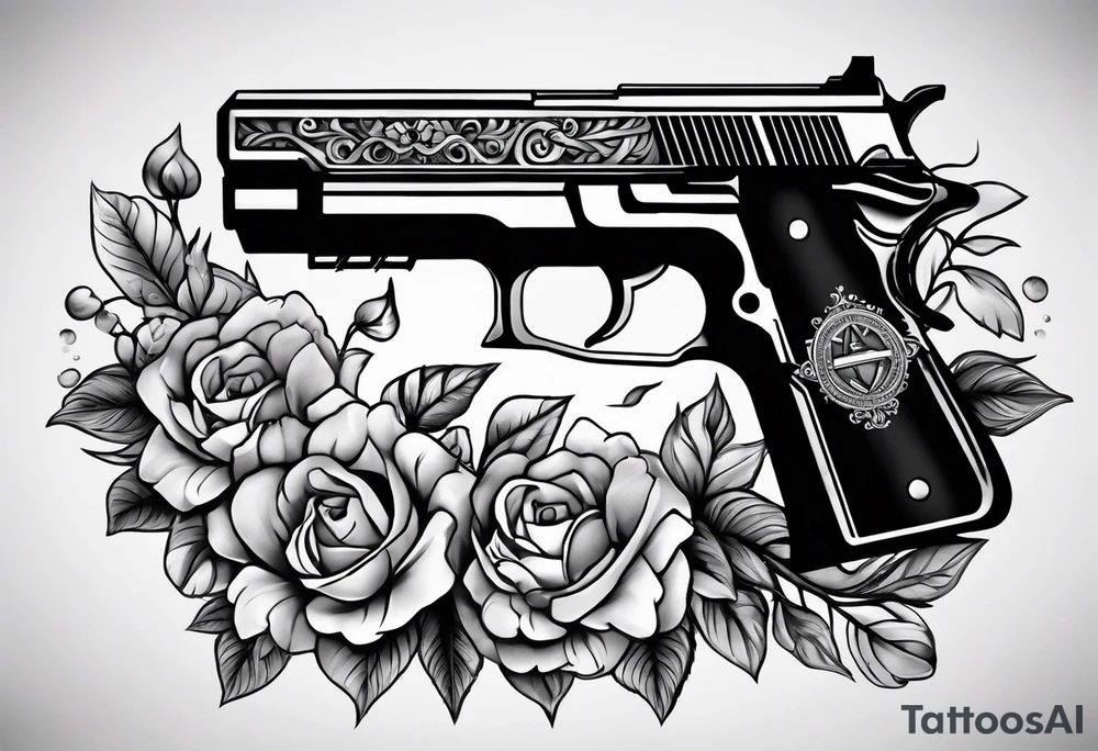 The letters AR with a pistol on each side and the word always on the top and ready on the bottom tattoo idea