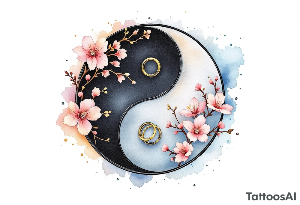 **A beautifully detailed yin-yang symbol**, seamlessly blending **black and white ink**, representing balance and harmony in marriage. The **black half** is adorned with **delicate golden floral engravings**, symbolizing strength and devotion, while the **white half** features **soft pink cherry blossoms**, representing purity and new beginnings. At the center of each half, a **tiny wedding ring** replaces the traditional dots, reinforcing the unity of two souls. The outer edges are surrounded by a **subtle watercolor aura in soft blue and warm peach tones**, symbolizing the blending of two individual energies into one eternal bond. tattoo idea
