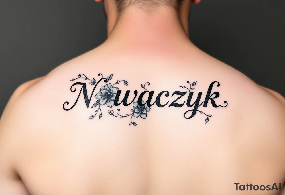 The word "Nowaczyk" with three flowers and vines on the lower tricep, medium size tattoo idea