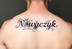 The word "Nowaczyk" with three flowers and vines on the lower tricep, medium size tattoo idea