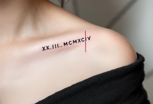XX.III.MCMXCIV along the spine in bold black Roman font, split by a thin vertical red line for symmetry. tattoo idea