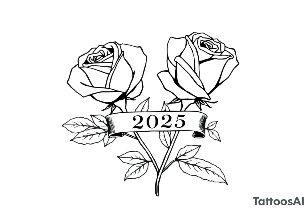 two beautiful large rose buds, one larger than the other, with many leaves next to the rose buds, with one sitting higher than the other. Include a banner connecting the two roses with the year 2025 on it.   Use dark outlines with little shading. The two stems should be short, not long, and connect and join into one stem, whimsically curved or twisted - not straight down. tattoo idea