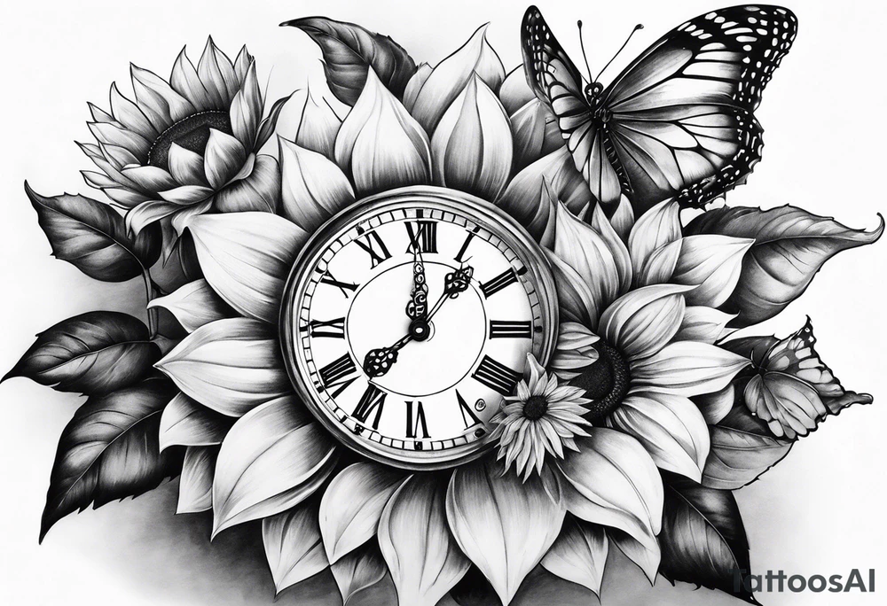 Sleeve with clock, sunflower and butterfly tattoo idea