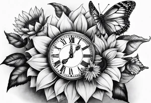 Sleeve with clock, sunflower and butterfly tattoo idea