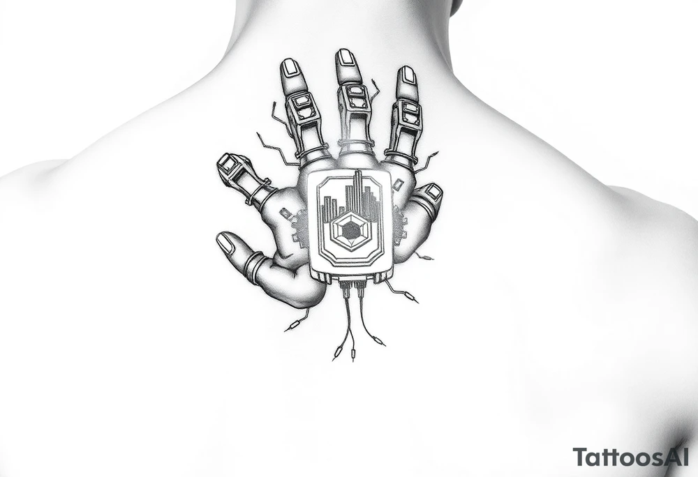 Hacker’s Hand with Glowing Chips and Wires
A mechanical hand with fingers covered in data ports and cybernetic tattoos.
Holographic projections floating from the palm—could be code, a cityscape, or a warning symbol.
Can symbolize hacking, control, or knowledge. tattoo idea