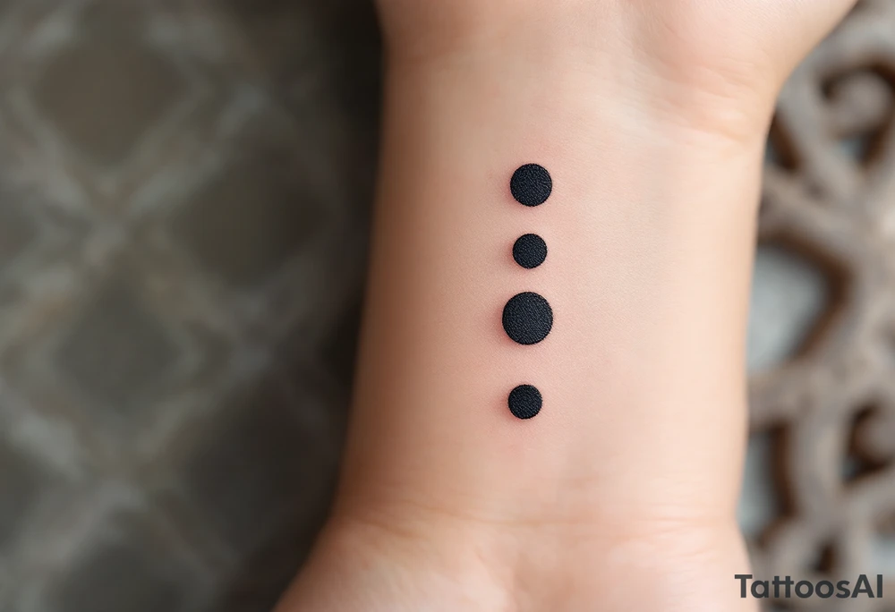 Three charcoal black dots forming a vertical ellipsis. tattoo idea