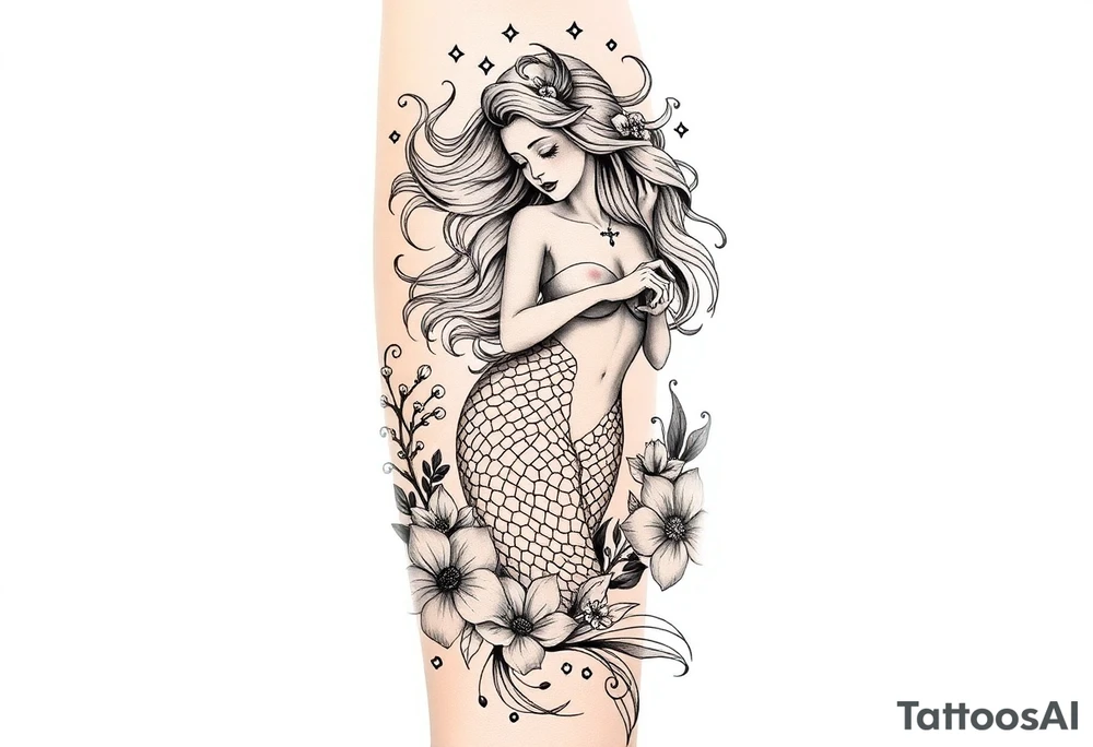 ethereal mermaid with flowing hair among coral and sea flowers tattoo idea