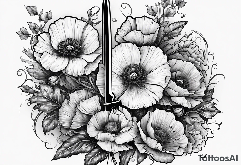 A book with a dagger surrounded by poppies tattoo idea A book with a dagger surrounded by poppies tattoo idea