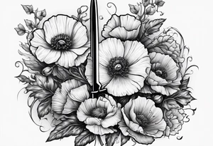 A book with a dagger surrounded by poppies tattoo idea