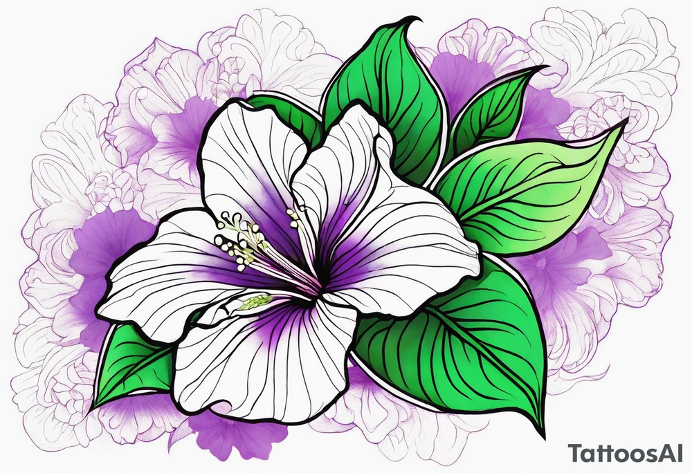 An outline of a rio dipladenia flower with a green and purple watercolor background tattoo idea