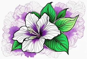 An outline of a rio dipladenia flower with a green and purple watercolor background tattoo idea