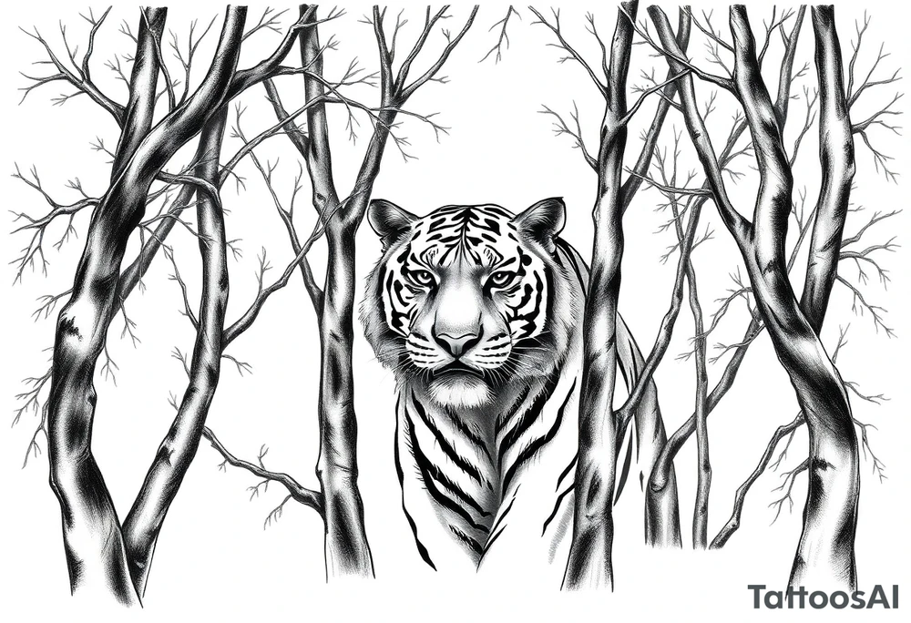 In front of the intertwined trees, looming inside the woods was a tiger that was very hard to see. tattoo idea