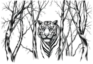 In front of the intertwined trees, looming inside the woods was a tiger that was very hard to see. tattoo idea