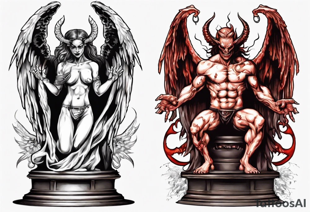 Demon and angel on podium tattoo idea