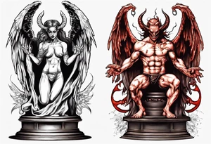 Demon and angel on podium tattoo idea