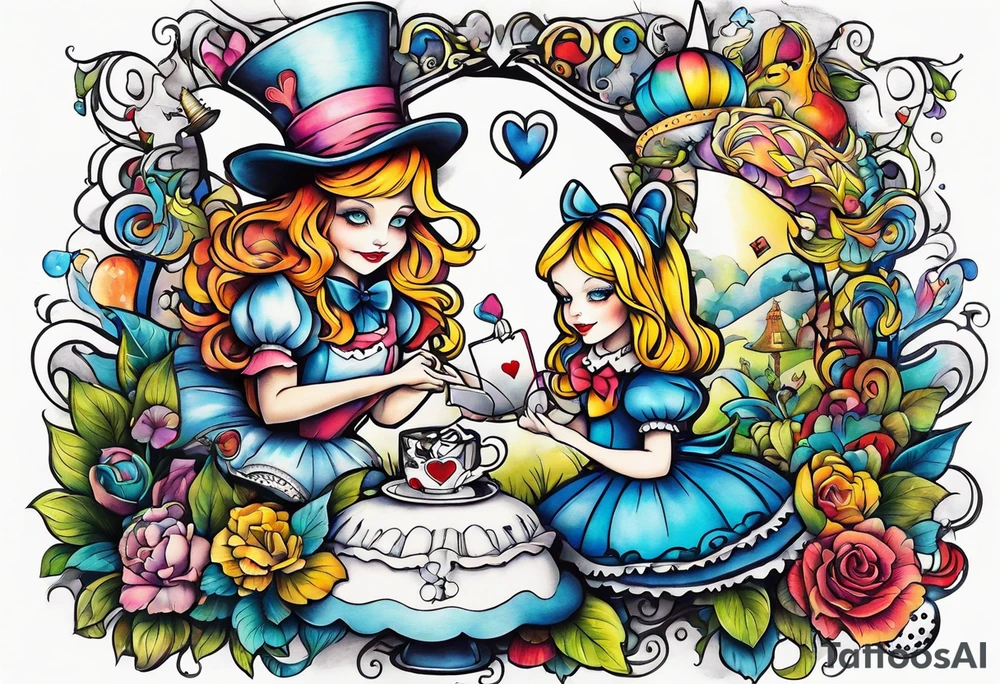 Alice in wonderland themed very colorful tattoo idea