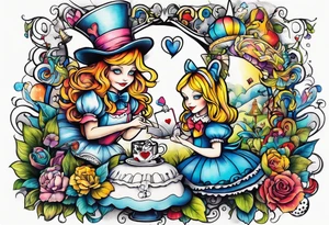 Alice in wonderland themed very colorful tattoo idea