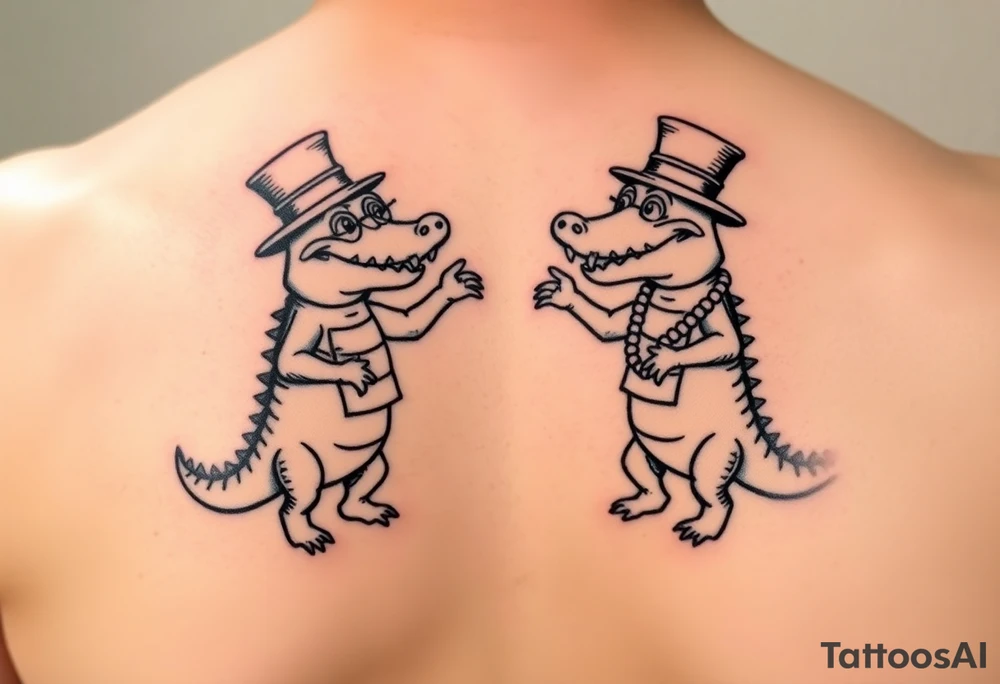 two cartoon mardi gras alligators dancing wearing hats and beads tattoo idea