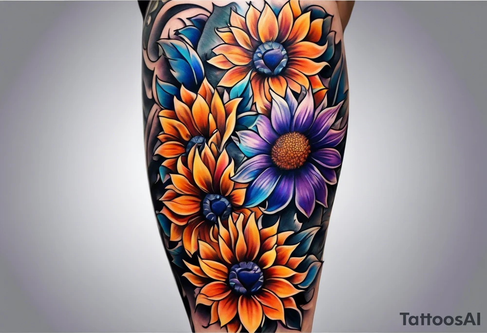 Full leg sleeve with purple, orange and blue sunflowers tattoo idea