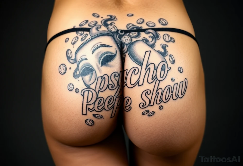 "psycho peep show" in chicano script  , perfect  shading  , smoke that forms images of the two theater masks ,many coins and smokey shading as a filler ,all in chicano style. tattoo is located on the right butt cheek of a female with  sun kissed natural tan skin tone , she has a firm perfect  butt and is wearing g string  panties . studio lighting , realistic.  spelling should b correct and as entered iin this prompt  ; tattoo idea