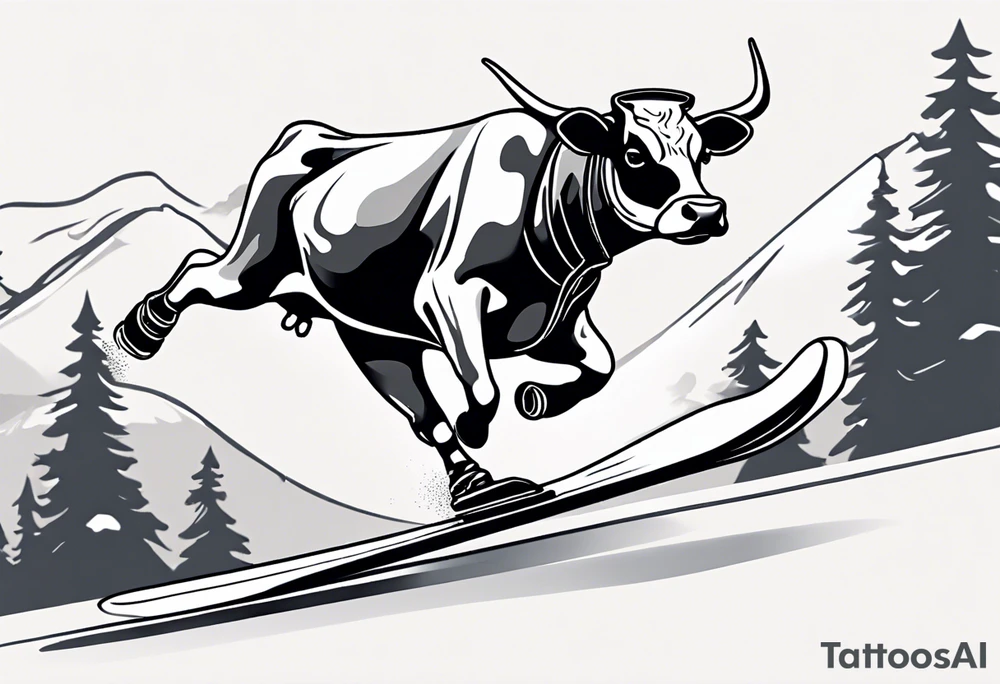 Create a minimalist and dynamic black and white tattoo design featuring a cheerful cow engaged in a snowboarding activity, wearing goggles. Emphasize clean lines and essential details to capture the playful spirit of the scene. The cow should be depicted confidently snowboarding down a snowy slope, with a sense of balance and joy, and wearing stylish goggles. Pay attention to the composition, ensuring that the tattoo design is suitable for a small to medium-sized space. The goal is to convey a lighthearted and whimsical vibe with the addition of the goggles, making the design visually appealing and suitable for tattooing. tattoo idea