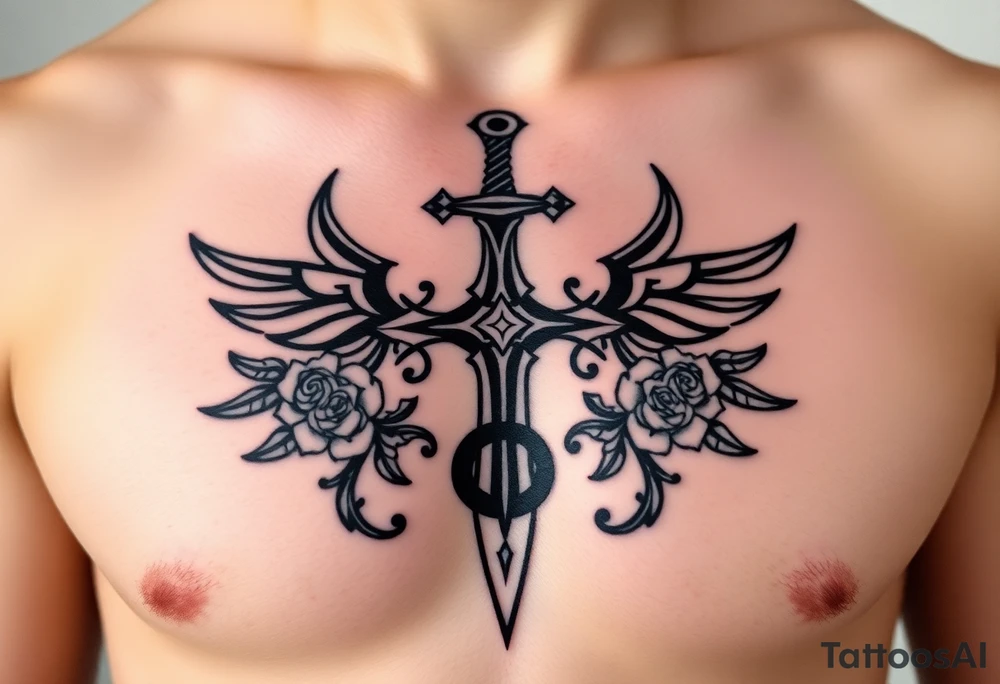 A gothic cross with a sword tip on the bottom going through an infinity sign and has roses and vines growing around and wings on the sides tattoo idea